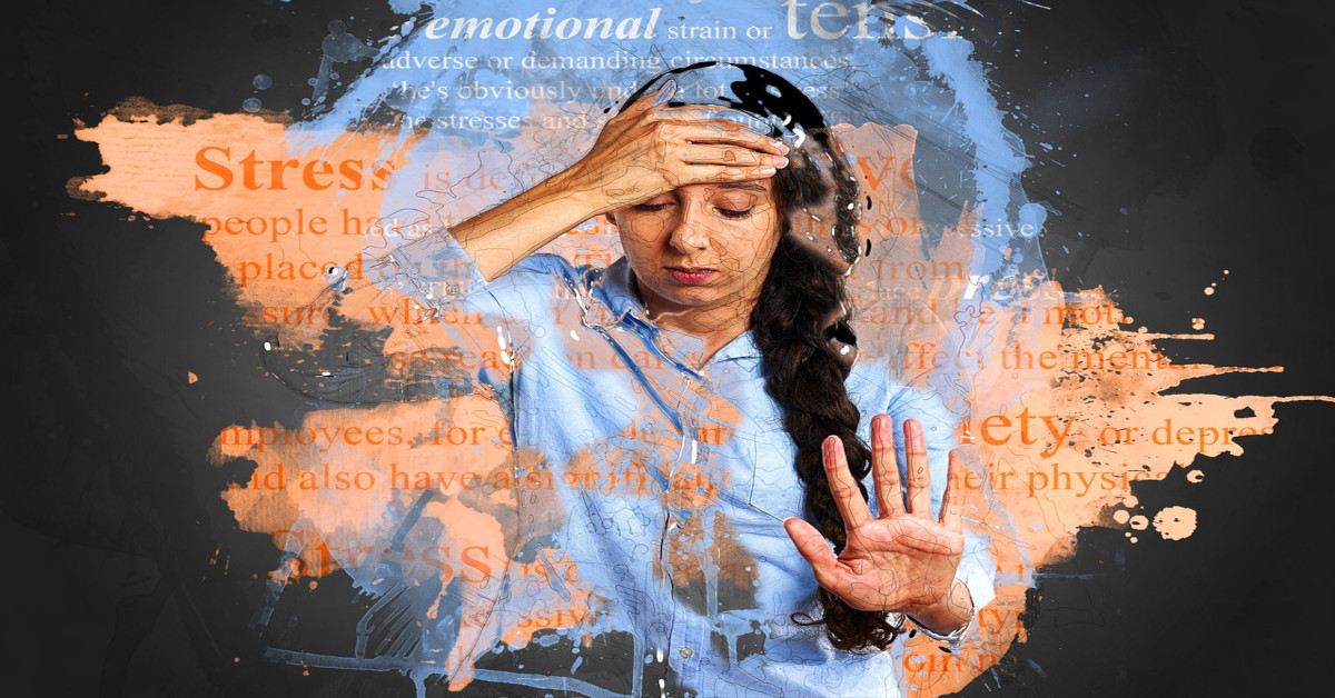 A woman holding her head with one hand, with another hand reaching out with the words "emotional" and "anxiety" written next to her.