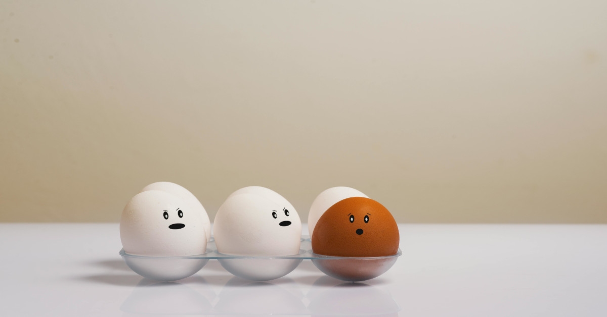 One brown egg lying in a tray full of white eggs.