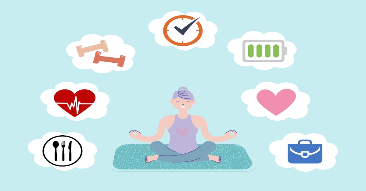 Illustration of a woman meditating while various illustrations of what constitutes health surround her.