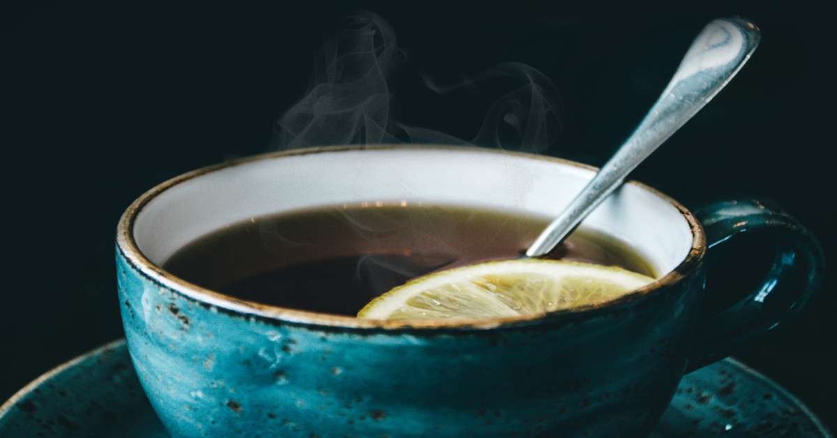Herbal tea in a blue cup.
