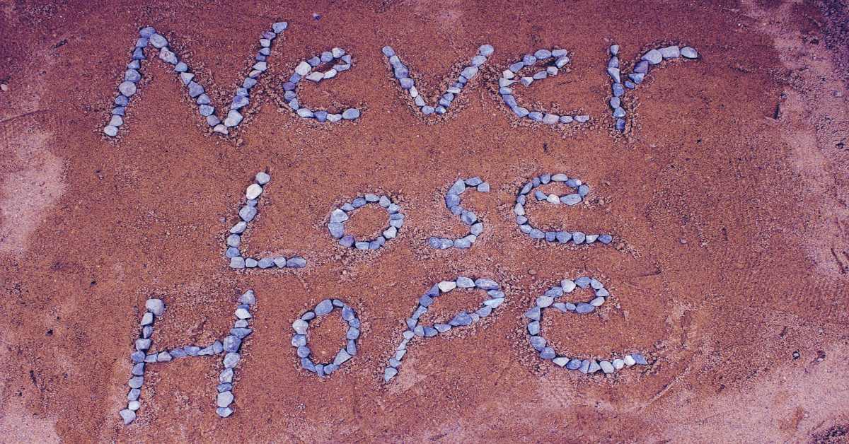 The sentence "never lose hope" made with stones in the sand.