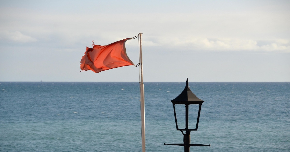 Image of a red flag in front of the sea.