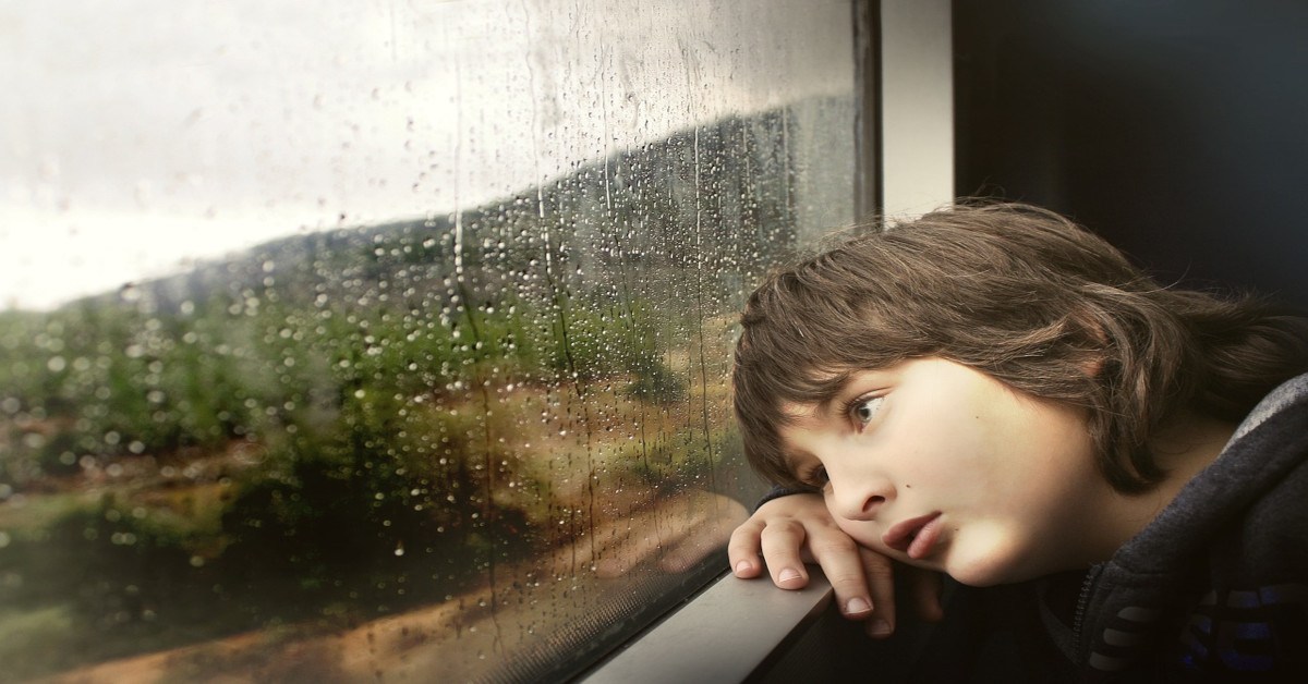 A tired young boy is leaning against the window.