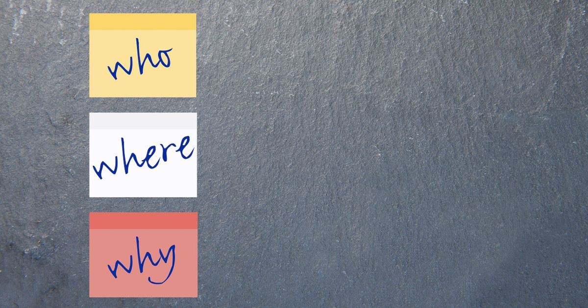 3 post-it notes reading "who, where, and why" hanging against a blackboard.