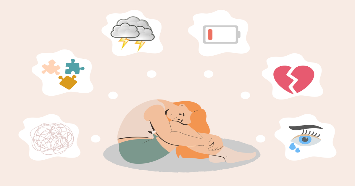 An illustration depicting a woman feeling down due to various depressive symptoms.