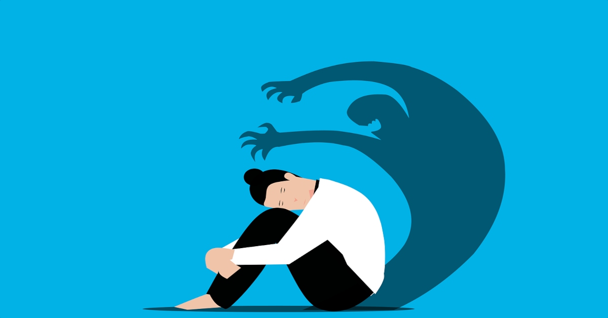 An illustration depicting a person sitting while her shadow is torturing her mentally.