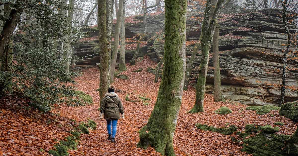 A woman hiking in nature.