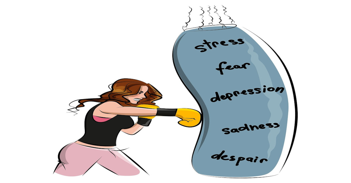 Illustration of a woman punching a boxing bag with the word 